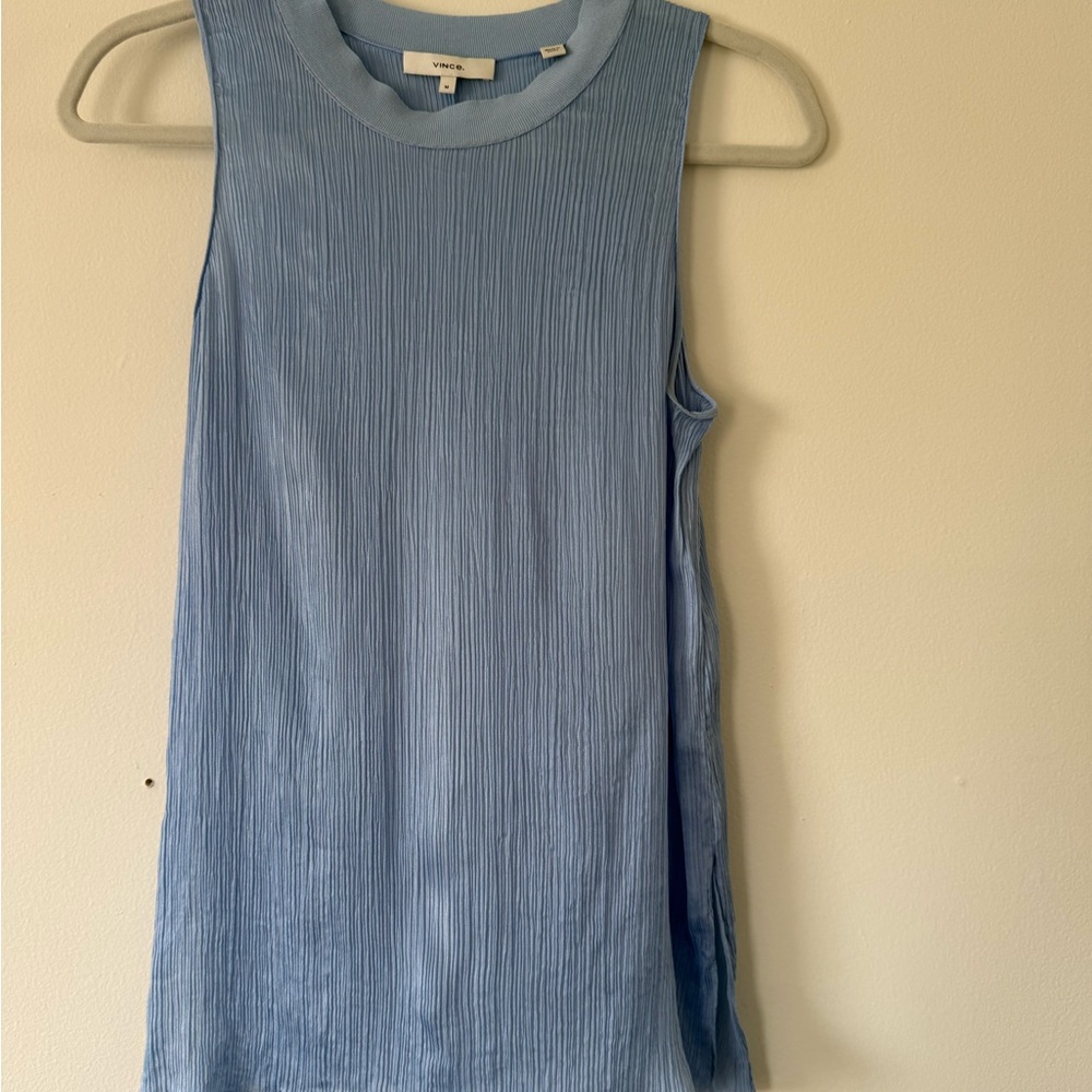 Vince Pleated Silk Sleeveless Blouse Blue Crew Neck Top Size M
